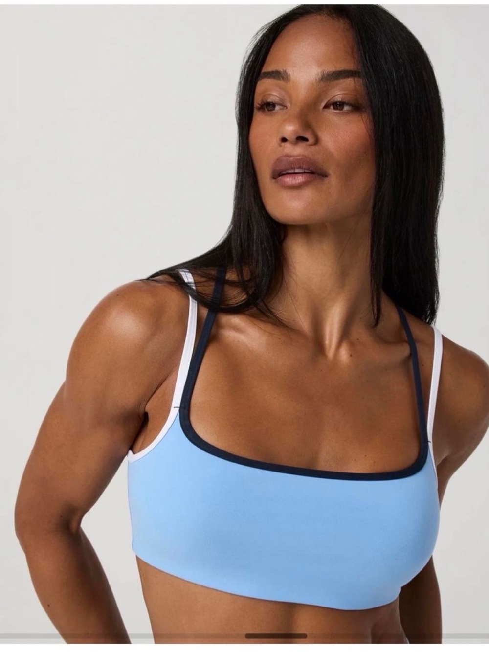 Vuori Sky Blue Strappy Sports Bralette with Navy Trim